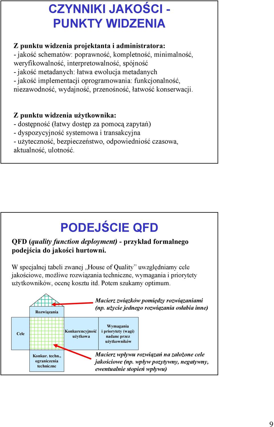 Z punktu widzenia użytkownika: - dostępność (łatwy dostęp za pomocą zapytań) - dyspozycyjność systemowa i transakcyjna - użyteczność, bezpieczeństwo, odpowiedniość czasowa, aktualność, ulotność.