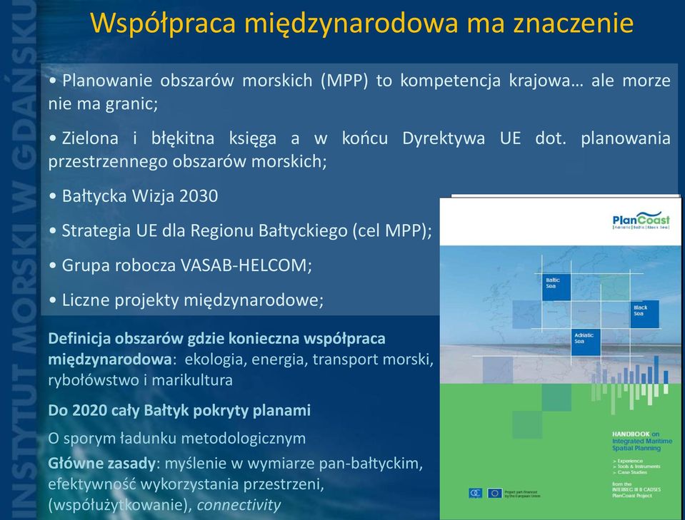 planowania przestrzennego obszarów morskich; Bałtycka Wizja 2030 Strategia UE dla Regionu Bałtyckiego (cel MPP); Grupa robocza VASAB-HELCOM; Liczne projekty