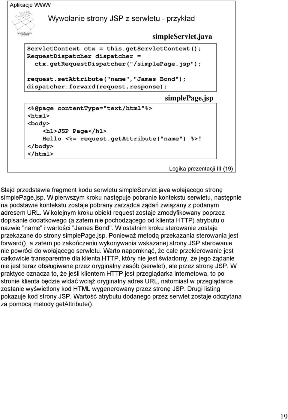 </body> </html> Logika prezentacji III (19) Slajd przedstawia fragment kodu serwletu simpleservlet.java wołającego stronę simplepage.jsp.