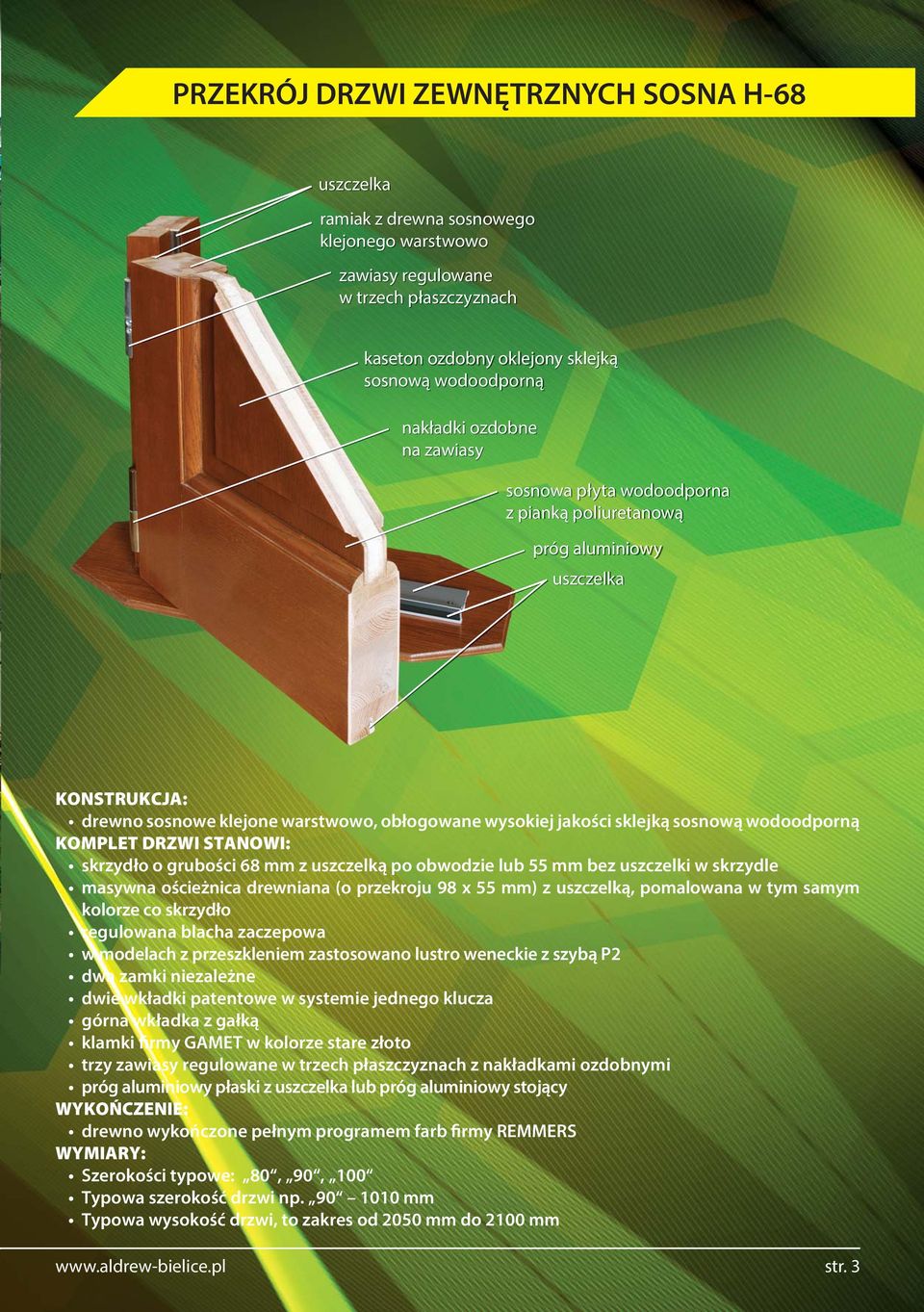 KOMPLET DRZWI STANOWI: skrzydło o grubości 68 mm z uszczelką po obwodzie lub 55 mm bez uszczelki w skrzydle masywna ościeżnica drewniana (o przekroju 98 x 55 mm) z uszczelką, pomalowana w tym samym