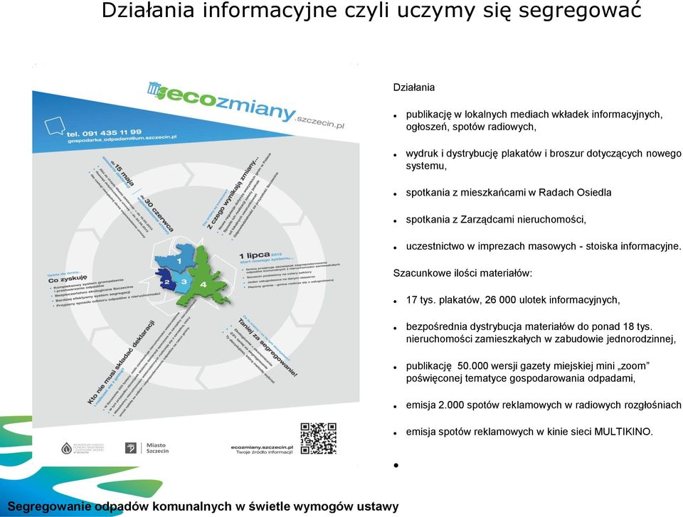 plakatów, 26 000 ulotek informacyjnych, bezpośrednia dystrybucja materiałów do ponad 18 tys. nieruchomości zamieszkałych w zabudowie jednorodzinnej, publikację 50.