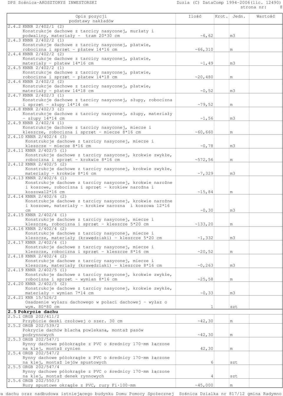 4.8 KNNR 2/402/3 (2) Konstrukcje dachowe z tarcicy nasyconej, słupy, materiały - słupy 14*14 cm ~1,56 m3 2.4.9 KNNR 2/402/4 (1) kleszcze, robocizna i sprzęt - miecze 8*16 cm ~60,660 m 2.4.10 KNNR 2/402/4 (3) kleszcze - miecze 8*16 cm ~0,78 m3 2.