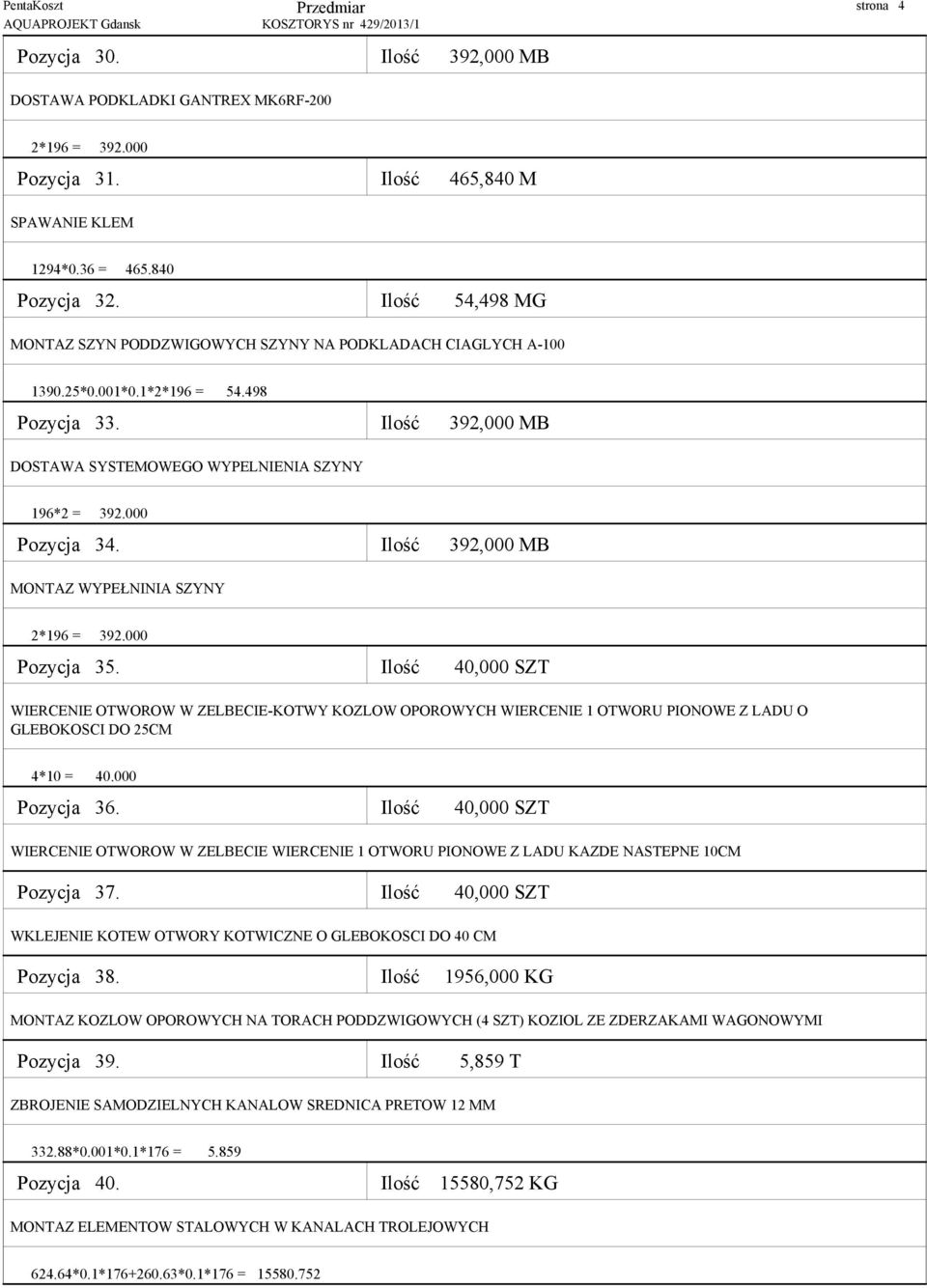 000 Pozycja 34. Ilość 392,000 MB MONTAZ WYPEŁNINIA SZYNY 2*196 = 392.000 Pozycja 35.