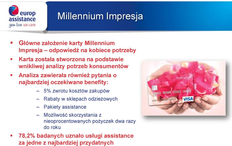 oczekiwane benefity: 5% zwrotu kosztów zakupów Rabaty w sklepach odzieżowych Pakiety assistance Możliwość