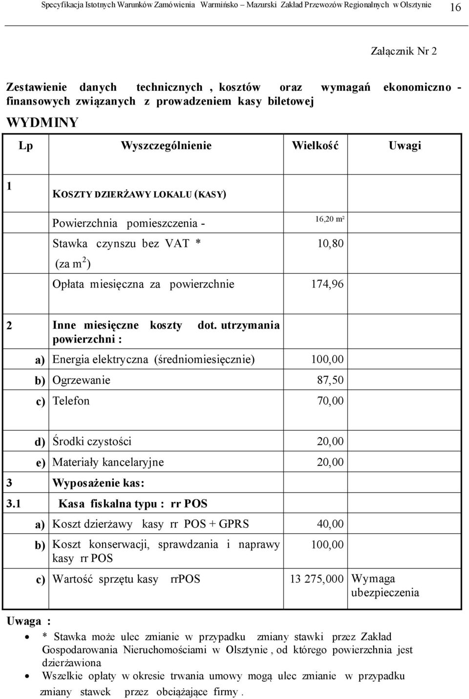 utrzymania powierzchni : a) Energia elektryczna (średniomiesięcznie) 100,00 b) Ogrzewanie 87,50 c) Telefon 70,00 d) Środki czystości 20,00 e) Materiały kancelaryjne 20,00 3 Wyposażenie kas: 3.