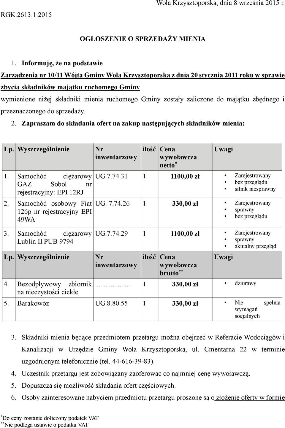 ruchomego Gminy zostały zaliczone do majątku zbędnego i przeznaczonego do sprzedaży. 2. Zapraszam do składania ofert na zakup następujących składników mienia: Lp. Wyszczególnienie 1.