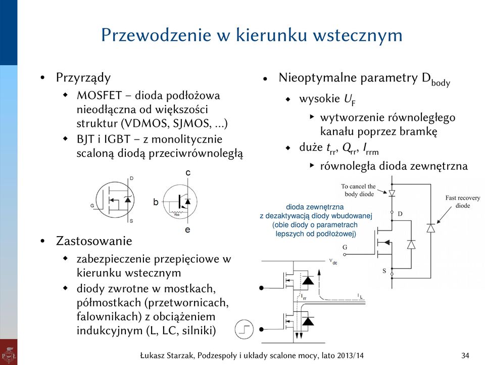 zewnętrzna z dezaktywacją diody wbudowanej (obie diody o parametrach lepszych od podłożowej) Zastosowanie równoległa dioda zewnętrzna