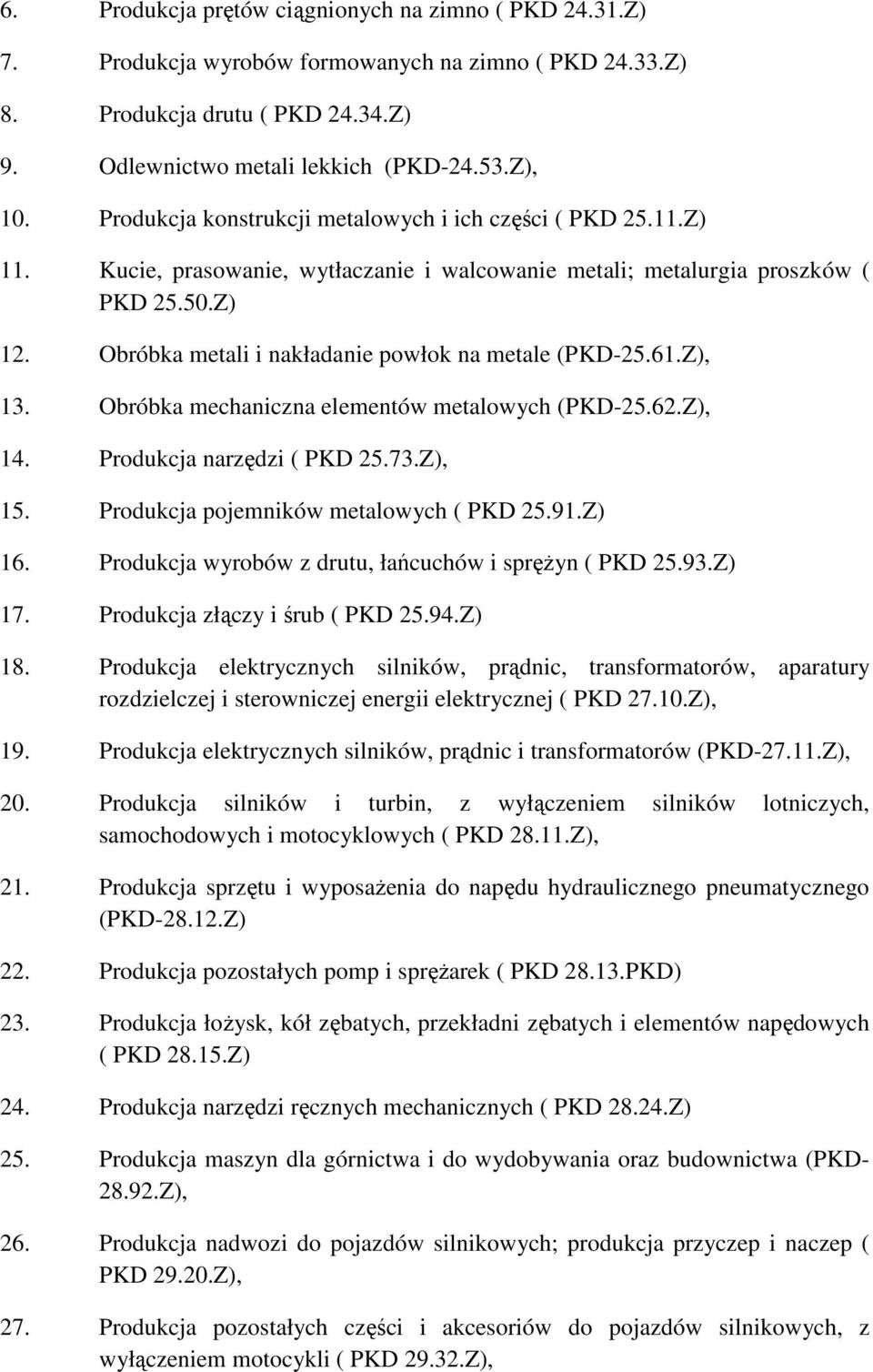 Obróbka metali i nakładanie powłok na metale (PKD-25.61.Z), 13. Obróbka mechaniczna elementów metalowych (PKD-25.62.Z), 14. Produkcja narzędzi ( PKD 25.73.Z), 15.