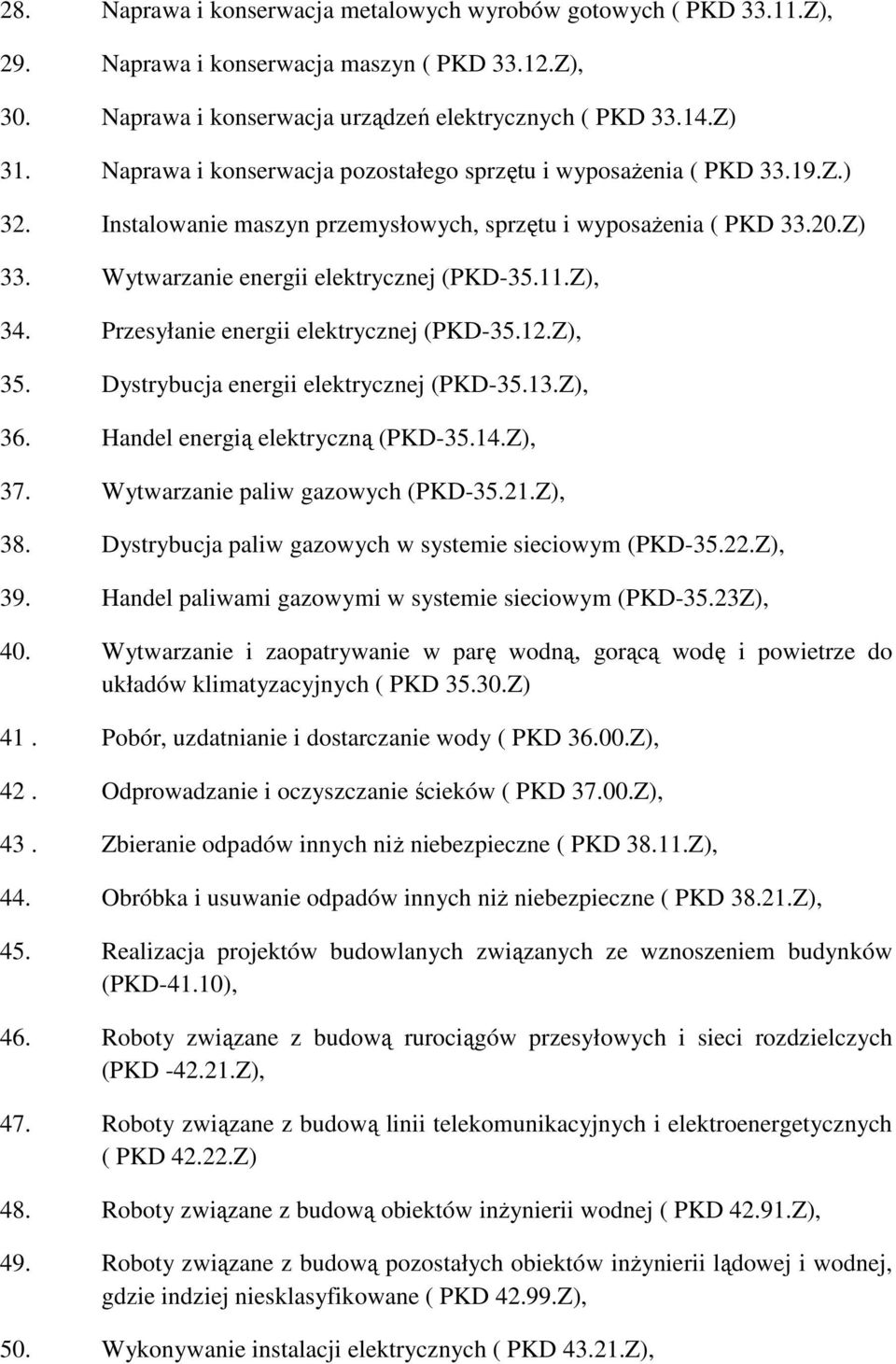 Z), 34. Przesyłanie energii elektrycznej (PKD-35.12.Z), 35. Dystrybucja energii elektrycznej (PKD-35.13.Z), 36. Handel energią elektryczną (PKD-35.14.Z), 37. Wytwarzanie paliw gazowych (PKD-35.21.