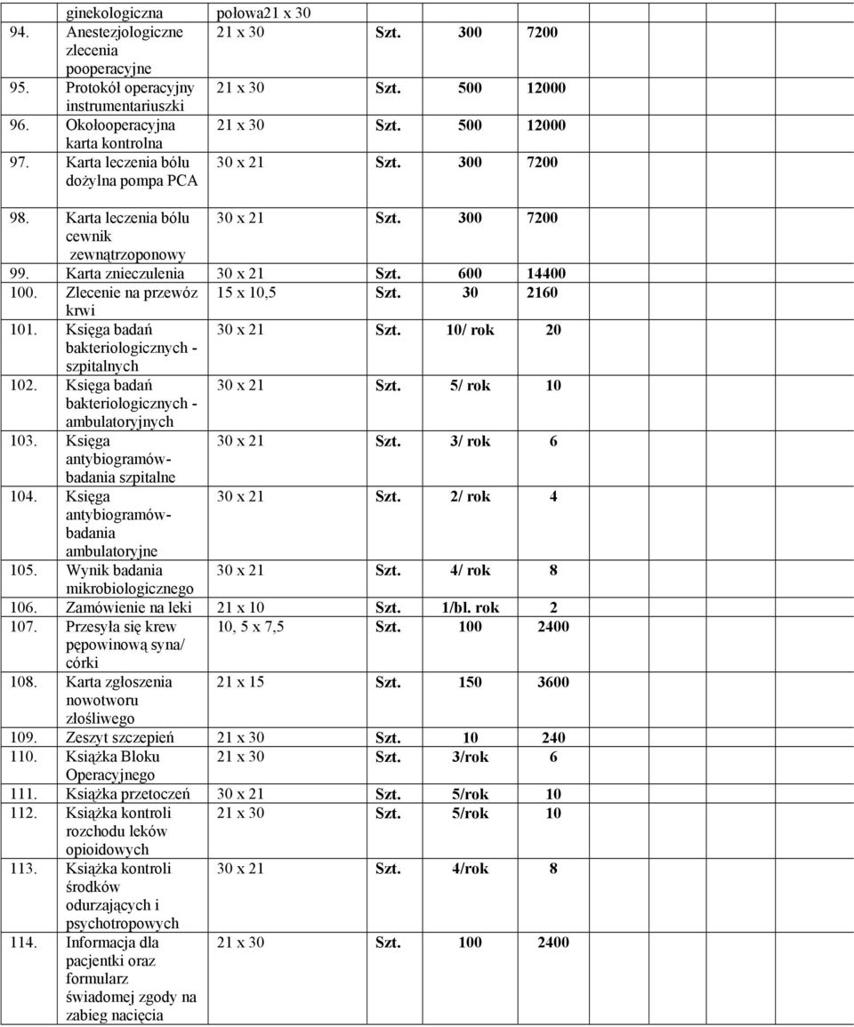 600 14400 100. Zlecenie na przewóz 15 x 10,5 Szt. 30 2160 krwi 101. Księga badań 30 x 21 Szt. 10/ rok 20 bakteriologicznych - szpitalnych 102. Księga badań 30 x 21 Szt. 5/ rok 10 bakteriologicznych - ambulatoryjnych 103.