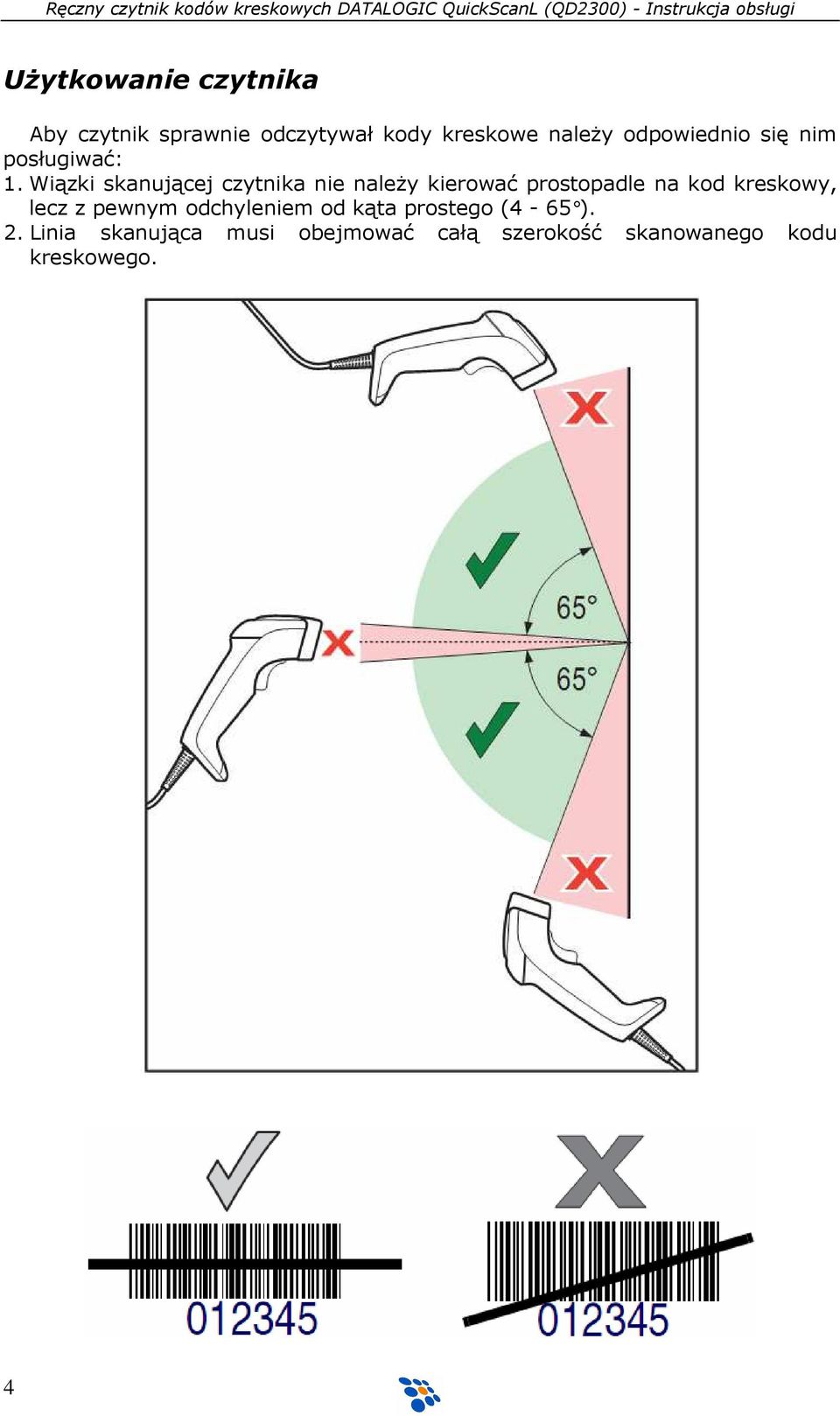 Wiązki skanującej czytnika nie naleŝy kierować prostopadle na kod kreskowy,