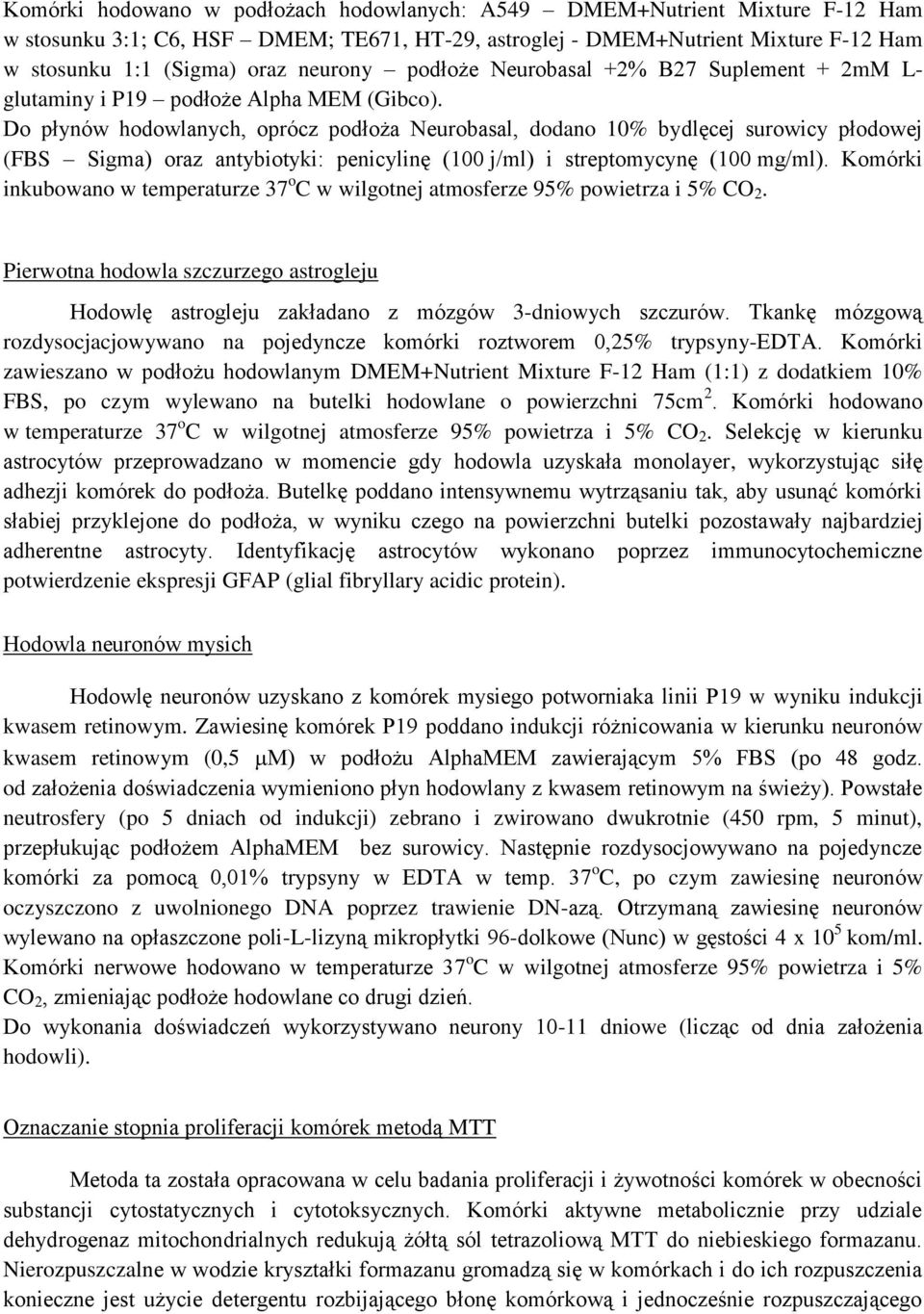 Do płynów hodowlanych, oprócz podłoża Neurobasal, dodano 10% bydlęcej surowicy płodowej (FBS Sigma) oraz antybiotyki: penicylinę ( j/ml) i streptomycynę ( mg/ml).