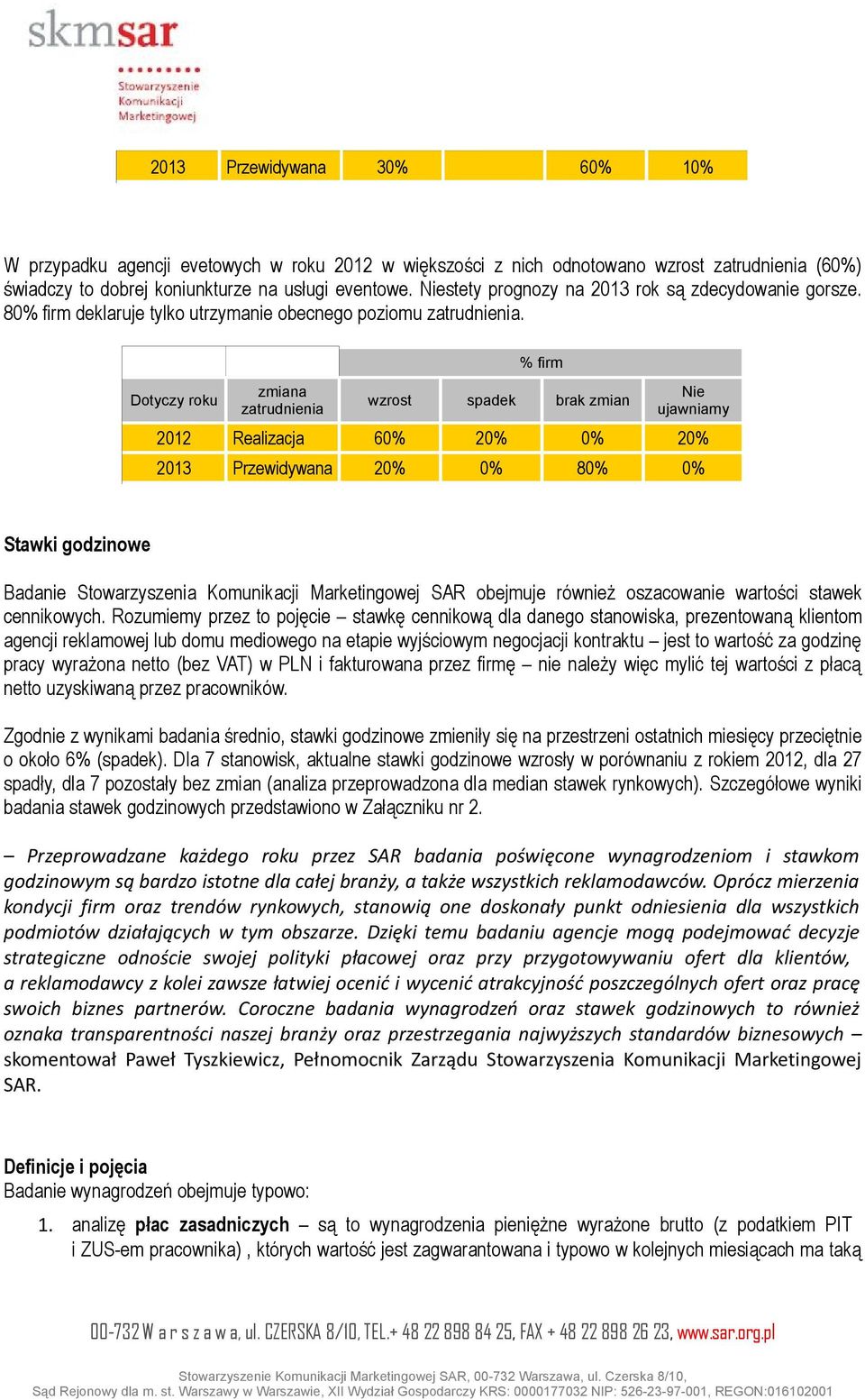 Dotyczy roku zmiana zatrudnienia % firm wzrost spadek brak zmian Nie ujawniamy 2012 Realizacja 60% 20% 0% 20% 2013 Przewidywana 20% 0% 80% 0% Stawki godzinowe Badanie Stowarzyszenia Komunikacji