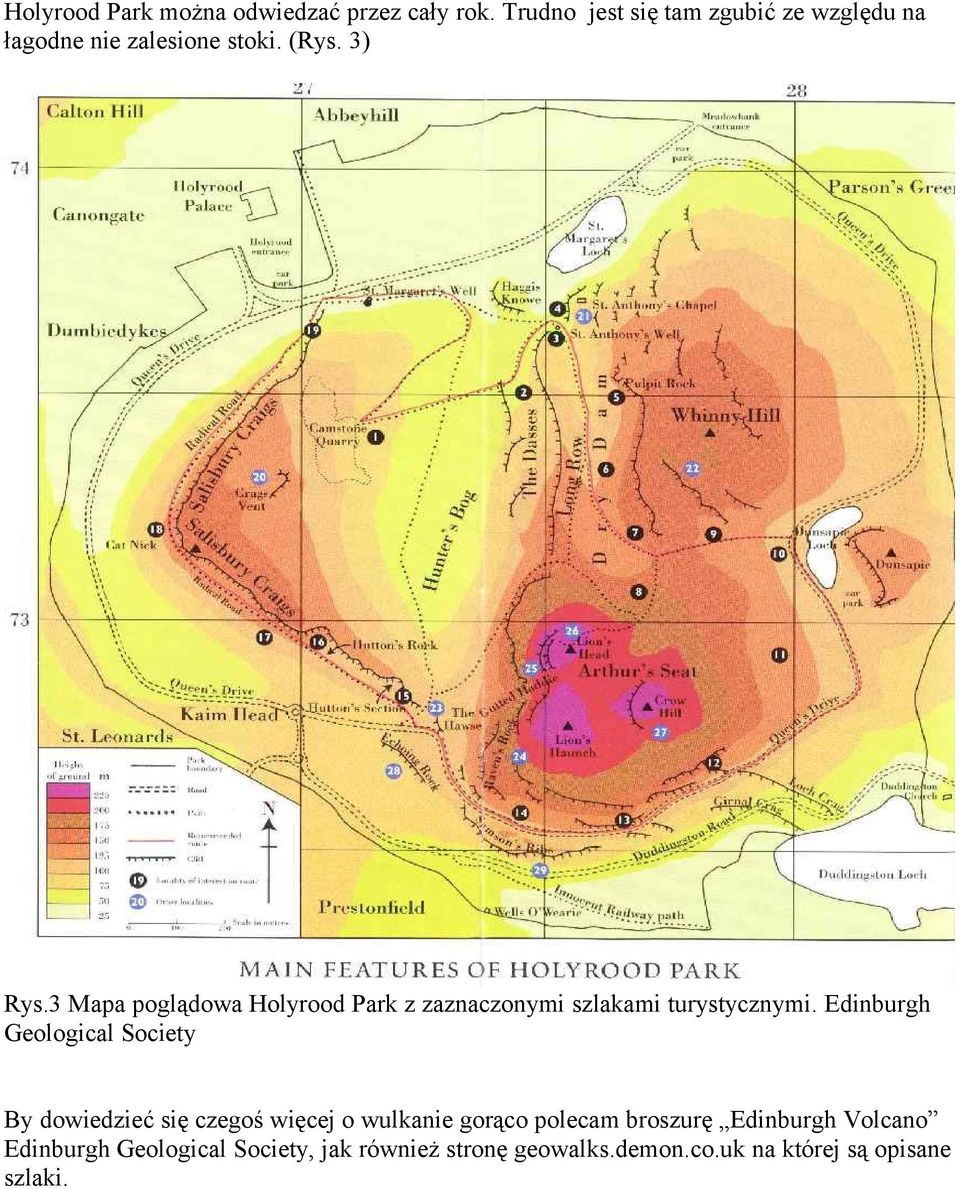 3 Mapa poglądowa Holyrood Park z zaznaczonymi szlakami turystycznymi.