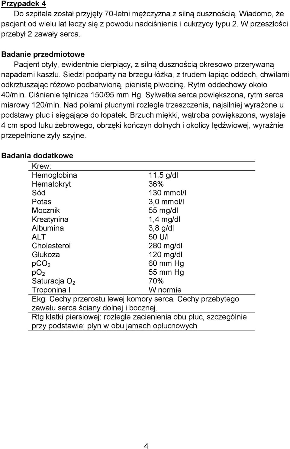 Siedzi podparty na brzegu łóżka, z trudem łapiąc oddech, chwilami odkrztuszając różowo podbarwioną, pienistą plwocinę. Rytm oddechowy około 40/min. Ciśnienie tętnicze 150/95 mm Hg.