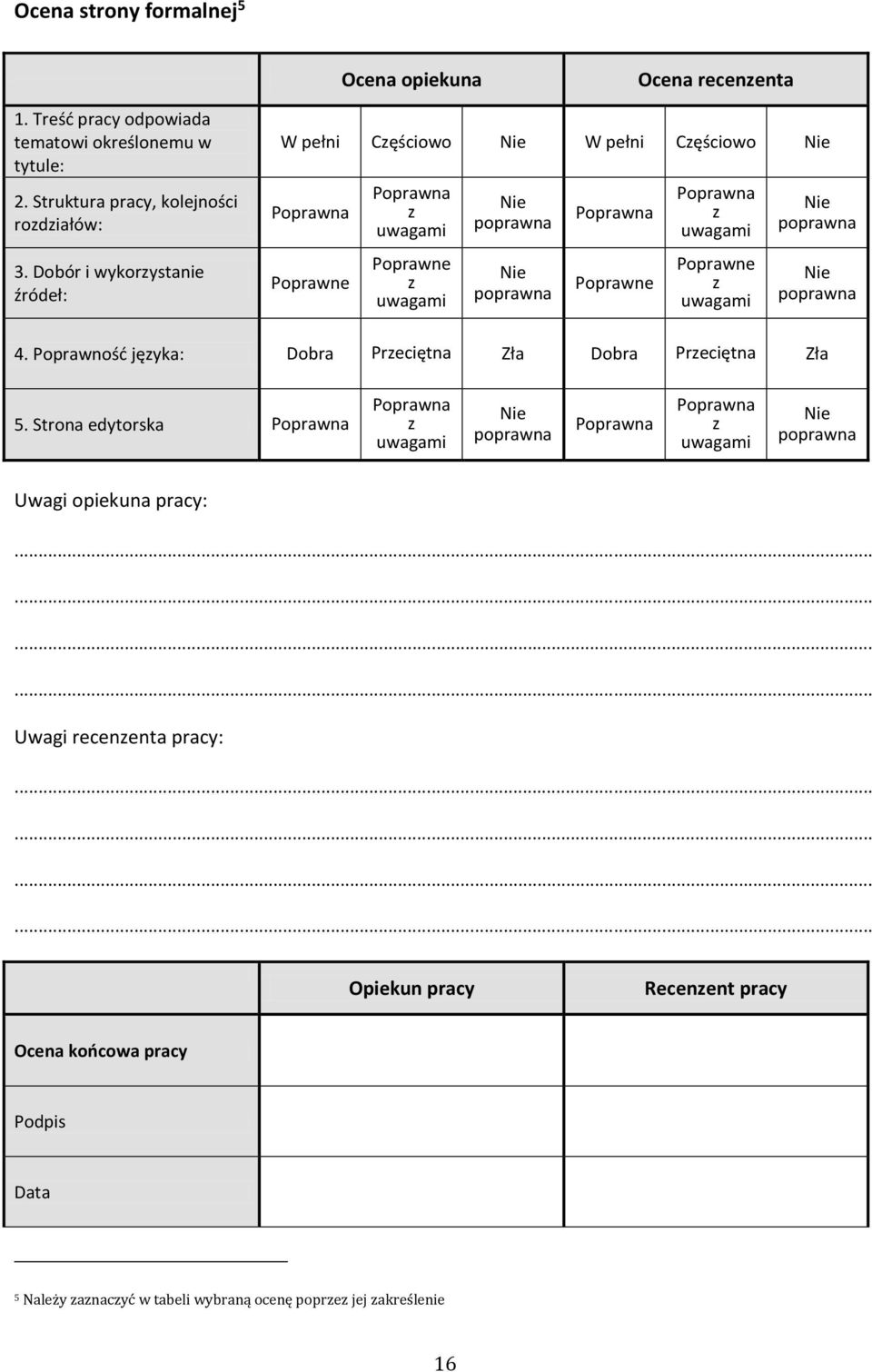 uwagami Poprawne z uwagami Nie poprawna Nie poprawna 4. Poprawność języka: Dobra Przeciętna Zła Dobra Przeciętna Zła 5.