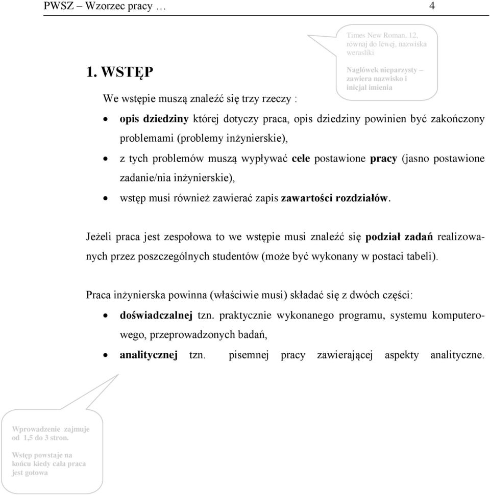 postawione pracy (jasno postawione zadanie/nia inżynierskie), Times New Roman, 12, równaj do lewej, nazwiska werasliki Nagłówek nieparzysty zawiera nazwisko i inicjał imienia wstęp musi również