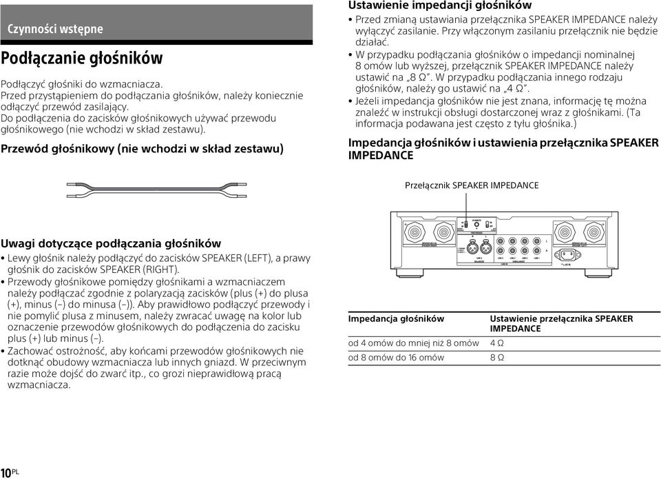 Przewód głośnikowy (nie wchodzi w skład zestawu) Ustawienie impedancji głośników Przed zmianą ustawiania przełącznika SPEAKER IMPEDANCE należy wyłączyć zasilanie.
