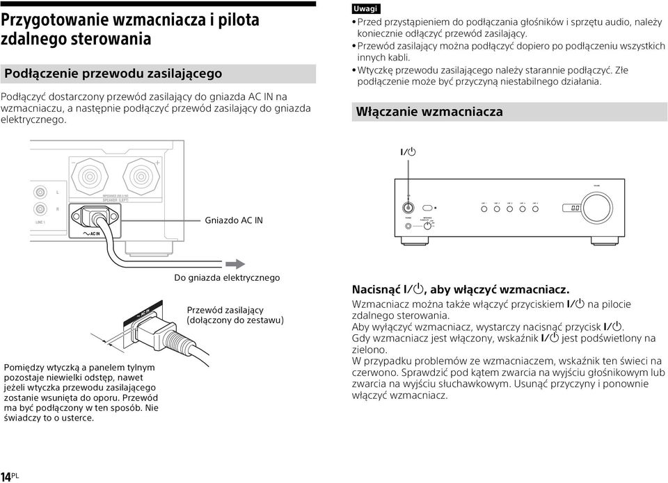 Przewód zasilający można podłączyć dopiero po podłączeniu wszystkich innych kabli. Wtyczkę przewodu zasilającego należy starannie podłączyć. Złe podłączenie może być przyczyną niestabilnego działania.