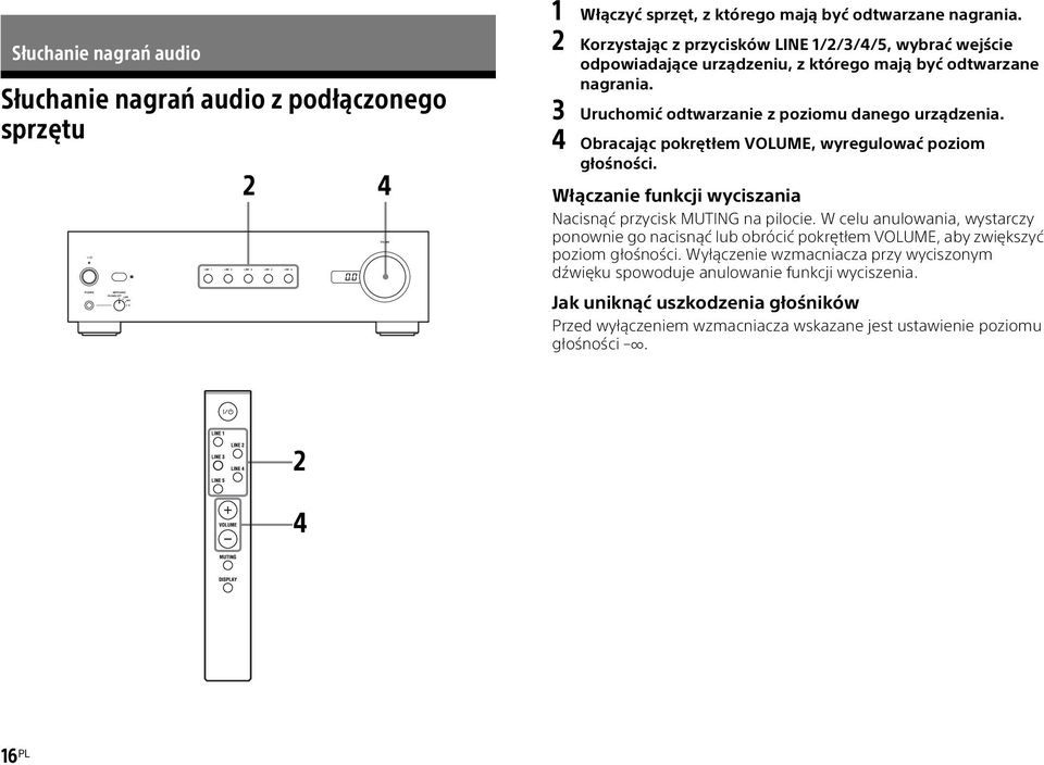 4 Obracając pokrętłem VOLUME, wyregulować poziom głośności. Włączanie funkcji wyciszania Nacisnąć przycisk MUTING na pilocie.