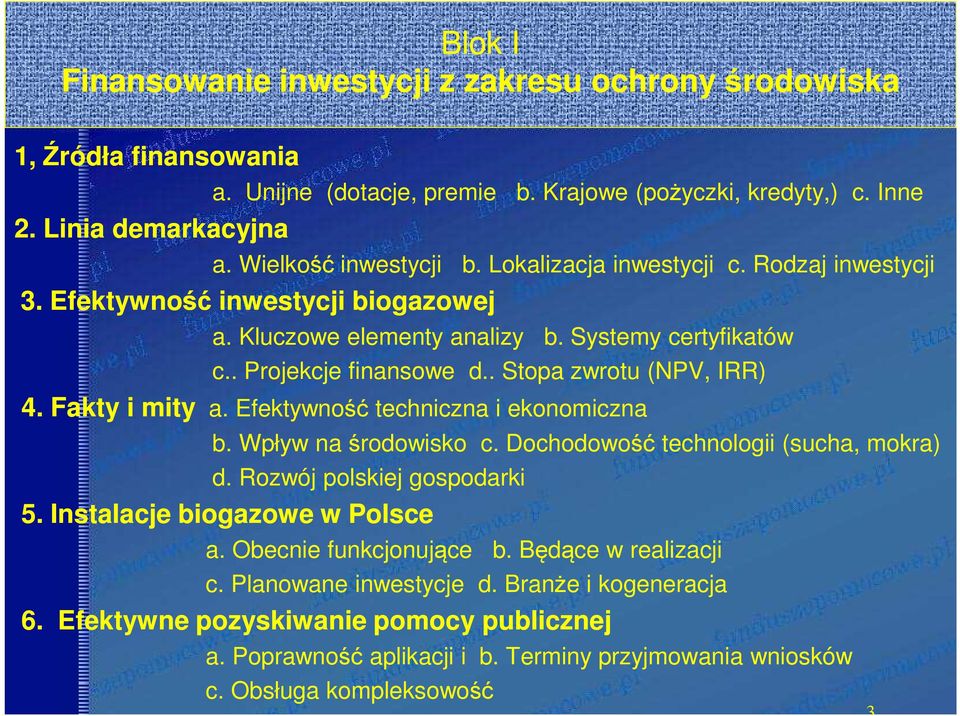 Fakty i mity a. Efektywność techniczna i ekonomiczna b. Wpływ na środowisko c. Dochodowość technologii (sucha, mokra) d. Rozwój polskiej gospodarki 5. Instalacje biogazowe w Polsce a.