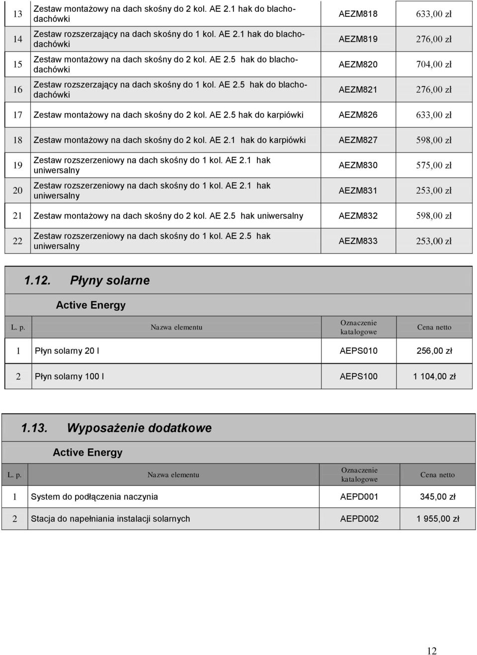 AE 2.1 hak do karpiówki AEZM827 598,00 zł 19 Zestaw rozszerzeniowy na dach skośny do 1 kol. AE 2.1 hak uniwersalny AEZM830 575,00 zł 20 Zestaw rozszerzeniowy na dach skośny do 1 kol. AE 2.1 hak uniwersalny AEZM831 253,00 zł 21 Zestaw montażowy na dach skośny do 2 kol.