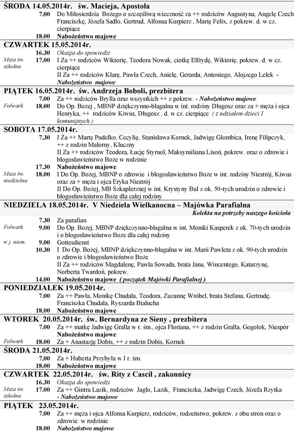 2014r. 16.30 Okazja do spowiedzi szkolna 17.00 I Za ++ rodziców Wiktorię, Teodora Nowak, ciotkę Elfrydę, Wiktorię, pokrew. d. w cz.