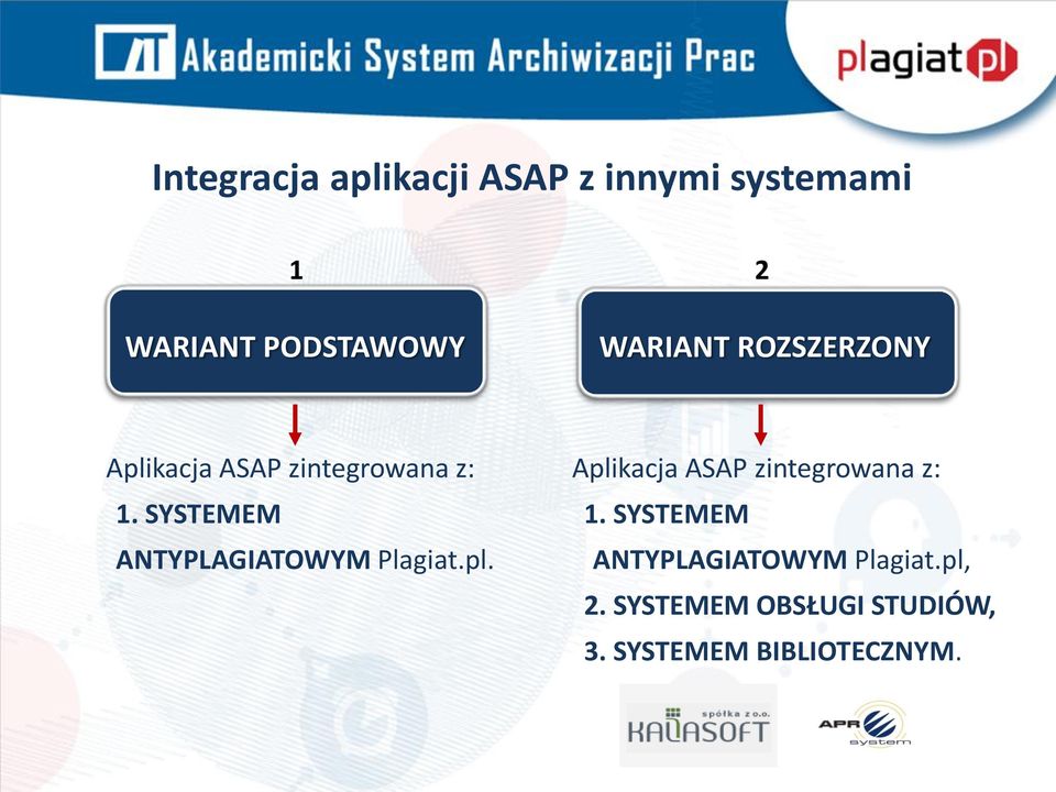 SYSTEMEM ANTYPLAGIATOWYM Plagiat.pl. Aplikacja ASAP zintegrowana z: 1.