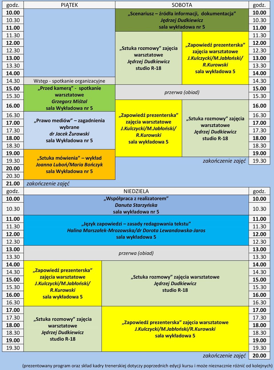 00 14.30 Wstęp - spotkanie organizacyjne 14.30 15.00 Przed kamerą - spotkanie 15.00 warsztatowe przerwa (obiad) 15.30 15.30 Grzegorz Miśtal sala Wykładowa nr 5 16.30 Zapowiedź prezenterska 16.