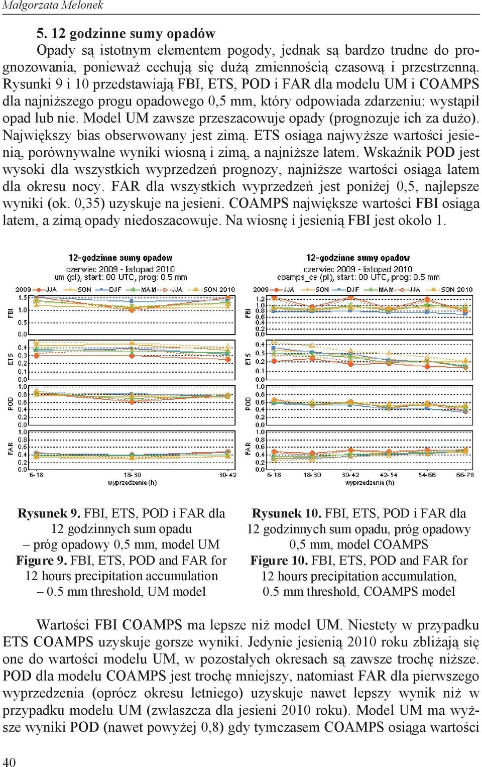 Model UM zawsze przeszacowuje opady (prognozuje ich za du o). Najwi kszy bias obserwowany jest zim. ETS osi ga najwy sze warto ci jesieni, porównywalne wyniki wiosn i zim, a najni sze latem.