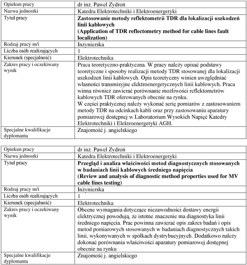 Elektrotechnika Praca teoretyczno-praktyczna. W pracy należy opisać podstawy teoretyczne i sposoby realizacji metody TDR stosowanej dla lokalizacji uszkodzeń linii kablowych.