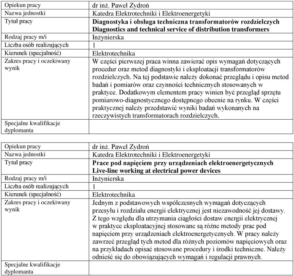 praca winna zawierać opis wymagań dotyczących procedur oraz metod diagnostyki i eksploatacji transformatorów rozdzielczych.