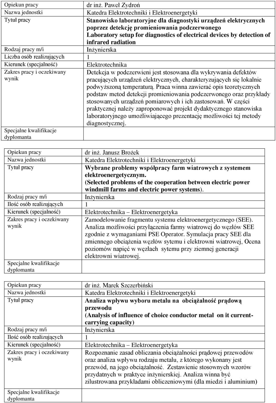 infrared radiation Kierunek (specjalność) Elektrotechnika Detekcja w podczerwieni jest stosowana dla wykrywania defektów pracujących urządzeń elektrycznych, charakteryzujących się lokalnie