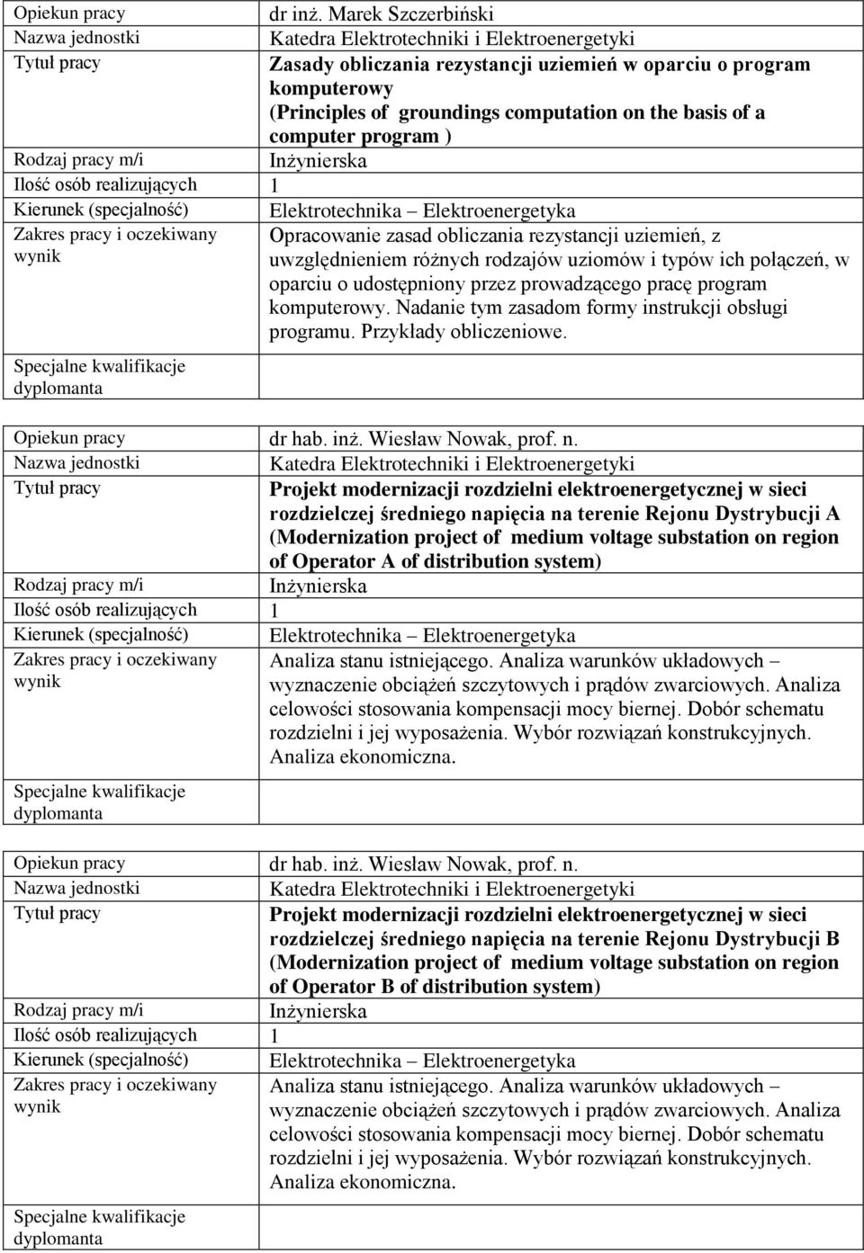 rezystancji uziemień, z uwzględnieniem różnych rodzajów uziomów i typów ich połączeń, w oparciu o udostępniony przez prowadzącego pracę program komputerowy.