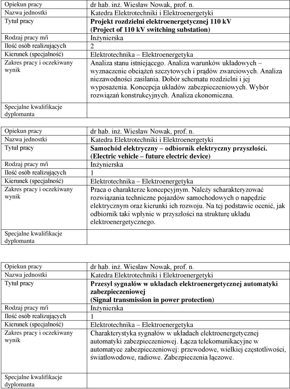 Wybór rozwiązań konstrukcyjnych. Analiza ekonomiczna. dr hab. inż. Wiesław Nowak, prof. n. Samochód elektryczny odbiornik elektryczny przyszłości.