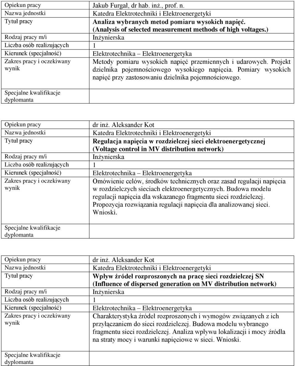 Aleksander Kot Regulacja napięcia w rozdzielczej sieci elektroenergetycznej (Voltage control in MV distribution network) Omówienie celów, środków technicznych oraz zasad regulacji napięcia w