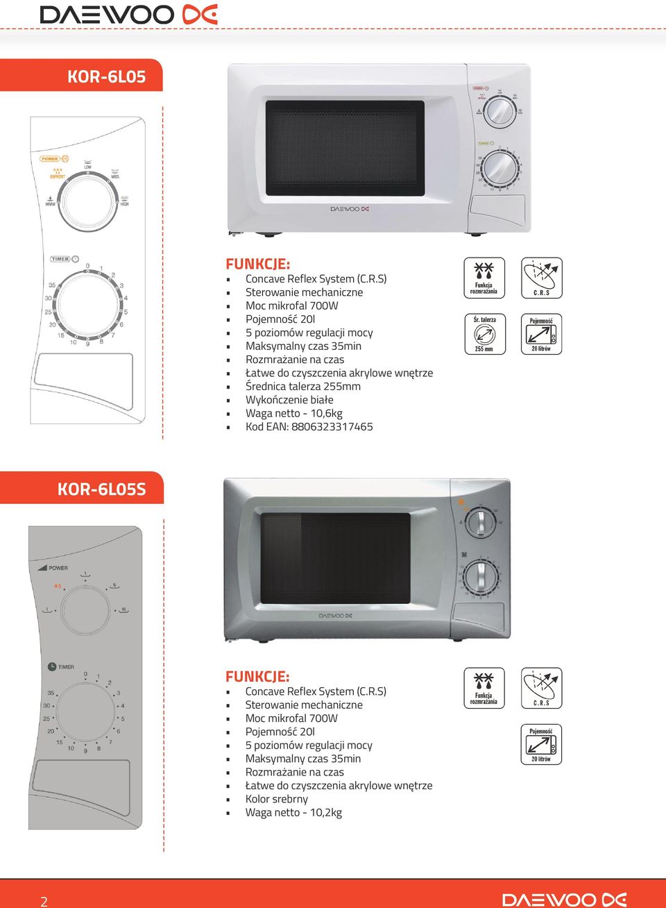 Wykończenie białe Waga netto - 10,6kg Kod EAN: 8806323317465 KOR-6L05S Sterowanie mechaniczne Moc mikrofal 700W Pojemność 20l 5