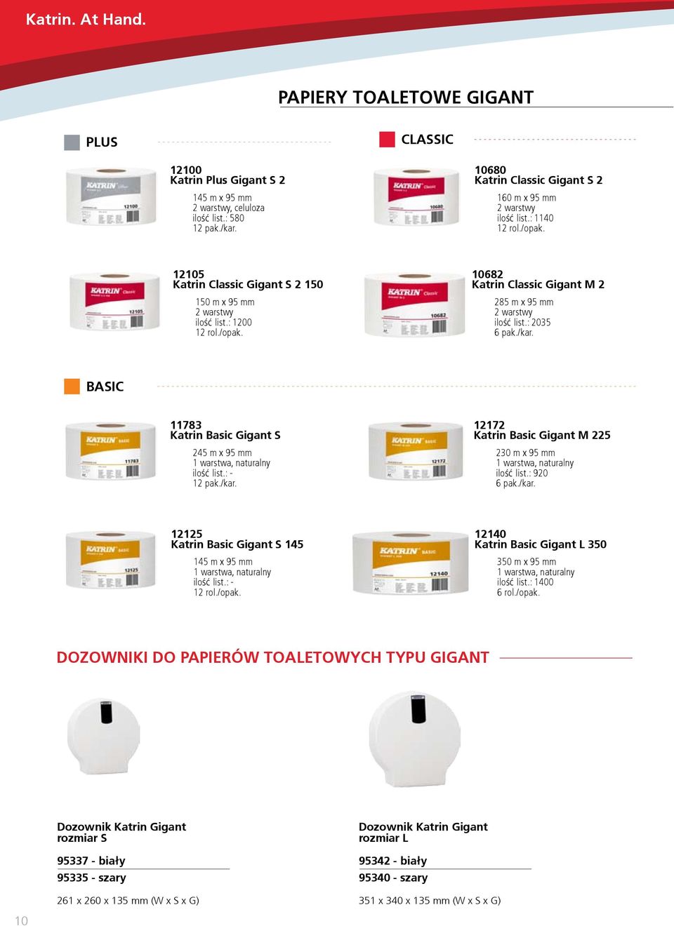 BASIC 11783 Katrin Basic Gigant S 245 m x 95 mm, naturalny 12 pak./kar. 12172 Katrin Basic Gigant M 225 230 m x 95 mm, naturalny ilość list.: 920 6 pak./kar. 12125 Katrin Basic Gigant S 145 145 m x 95 mm, naturalny 1 12140 Katrin Basic Gigant L 350 350 m x 95 mm, naturalny ilość list.