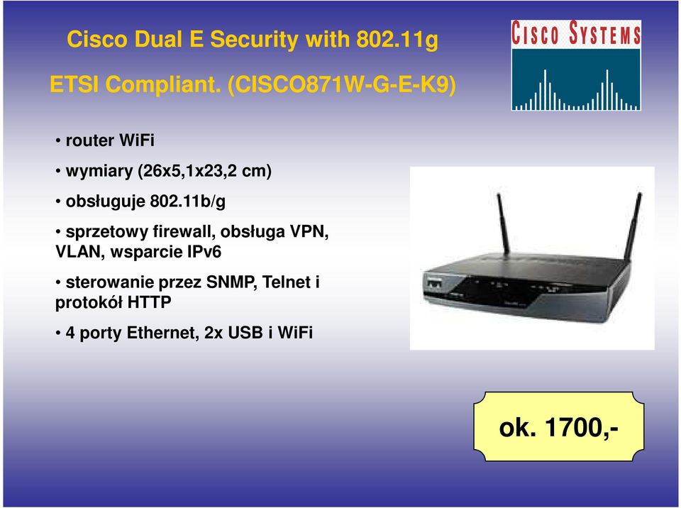 802.11b/g sprzetowy firewall, obsługa VPN, VLAN, wsparcie IPv6