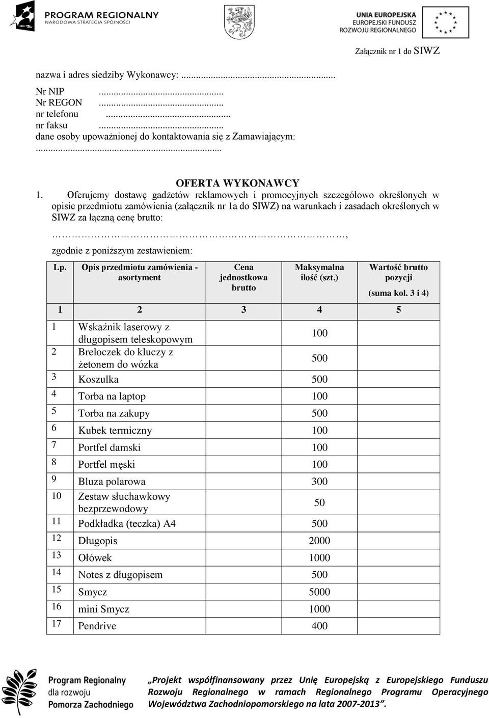 brutto:, zgodnie z poniższym zestawieniem: Lp. Opis przedmiotu zamówienia - asortyment Cena jednostkowa brutto Maksymalna ilość (szt.) Wartość brutto pozycji (suma kol.