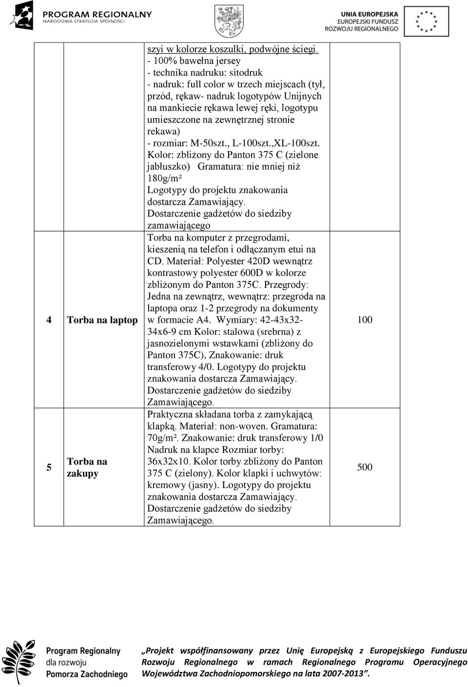 zewnętrznej stronie rekawa) - rozmiar: M-50szt., L-100szt.,XL-100szt. Kolor: zbliżony do Panton 375 C (zielone jabłuszko) Gramatura: nie mniej niż 180g/m² dostarcza Zamawiający.