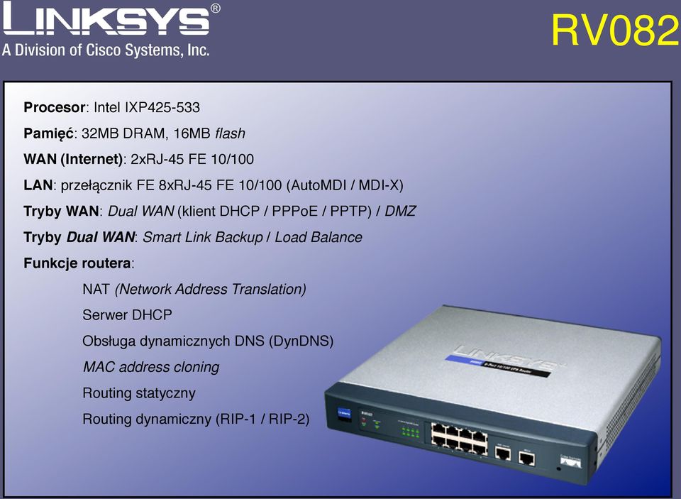 Tryby Dual WAN: Smart Link Backup / Load Balance Funkcje routera: NAT (Network Address Translation) Serwer