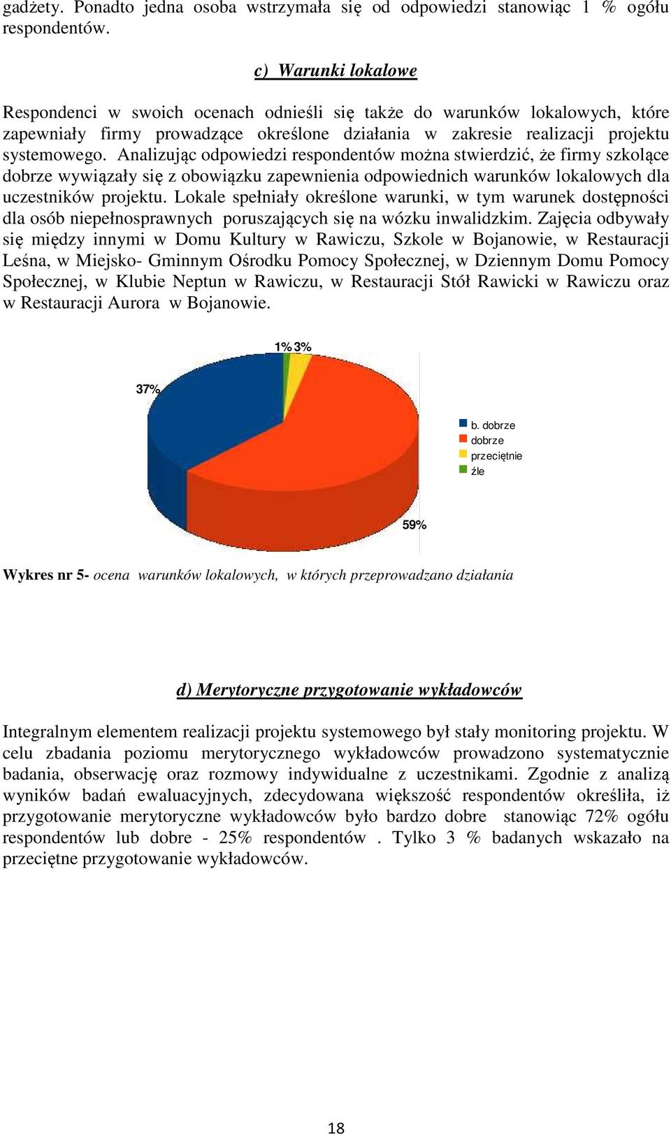 Analizując odpowiedzi respondentów można stwierdzić, że firmy szkolące dobrze wywiązały się z obowiązku zapewnienia odpowiednich warunków lokalowych dla uczestników projektu.