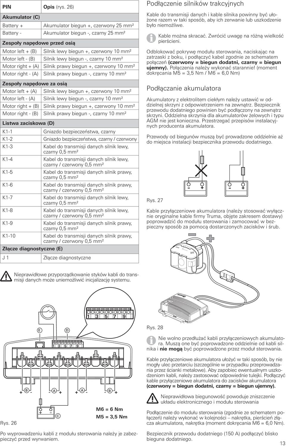 left - (B) Silnik lewy biegun -, czarny 10 mm2 Motor right + (A) Silnik prawy biegun +, czerwony 10 mm2 Motor right - (A) Silnik prawy biegun -, czarny 10 mm2 Zespoły napędowe za osią Motor left +