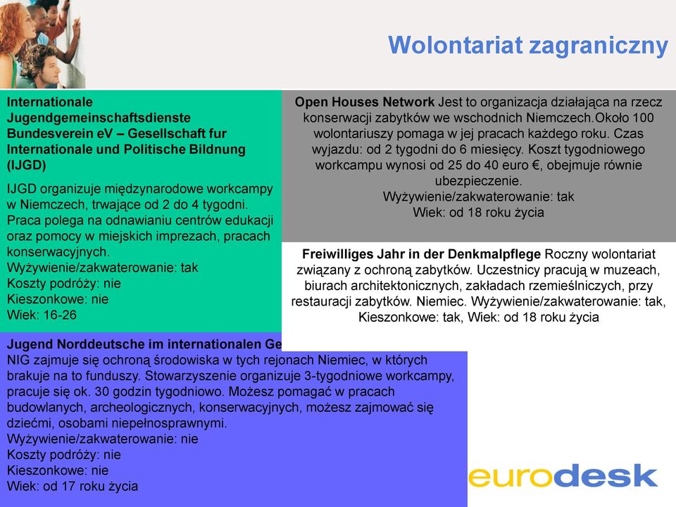 Wyżywienie/zakwaterowanie: tak Koszty podróży: nie Kieszonkowe: nie Wiek: 16-26 Open Houses Network Jest to organizacja działająca na rzecz konserwacji zabytków we wschodnich Niemczech.