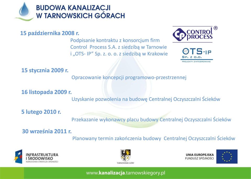 Uzyskanie pozwolenia na budowę Centralnej Oczyszczalni Ścieków 5 lutego 2010 r.