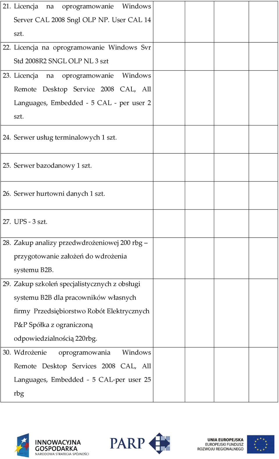 Serwer hurtowni danych 1 szt. 27. UPS - 3 szt. 28. Zakup analizy przedwdrożeniowej 200 rbg przygotowanie założeń do wdrożenia systemu B2B. 29.