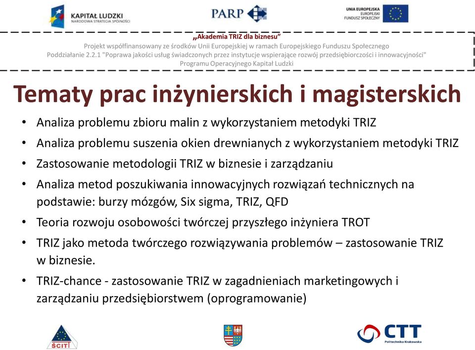 na podstawie: burzy mózgów, Six sigma, TRIZ, QFD Teoria rozwoju osobowości twórczej przyszłego inżyniera TROT TRIZ jako metoda twórczego