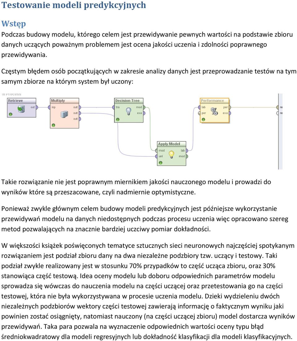 Częstym błędem osób początkujących w zakresie analizy danych jest przeprowadzanie testów na tym samym zbiorze na którym system był uczony: Takie rozwiązanie nie jest poprawnym miernikiem jakości