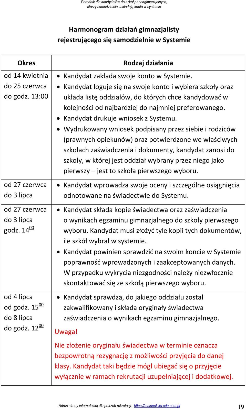 Kandydat loguje się na swoje konto i wybiera szkoły oraz układa listę oddziałów, do których chce kandydować w kolejności od najbardziej do najmniej preferowanego. Kandydat drukuje wniosek z Systemu.